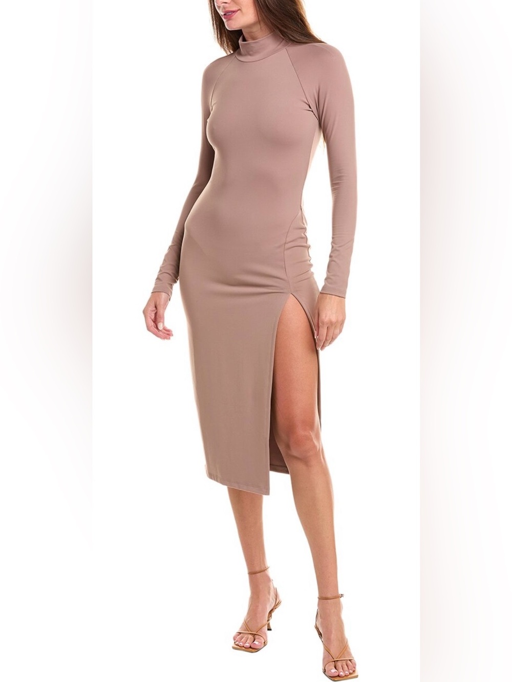Susana Monaco Taupe Long-Sleeve Bodycon Midi Dress with High Side Slit